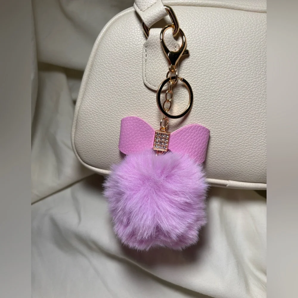 Lavender Fluffy Rhinestone Bow Pom Pom Keychain Bag Charm - Picture 1 of 2